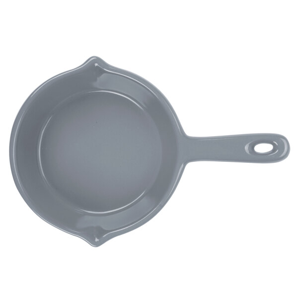 A Tablecraft gray cast aluminum fry pan with a handle.