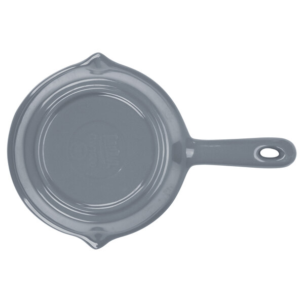 A Tablecraft gray cast aluminum fry pan with a handle.