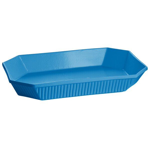 A sky blue cast aluminum octagon casserole dish with a handle.