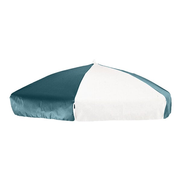 A blue and white umbrella with a blue and white cover.