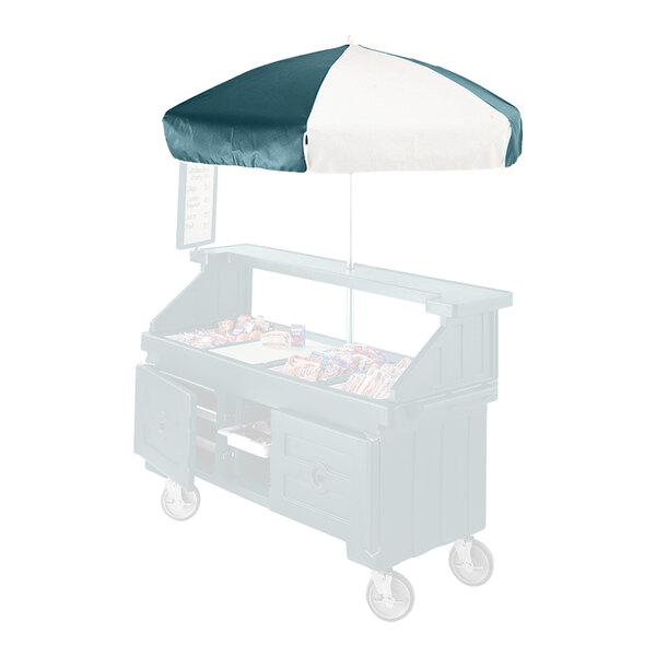 A green and white Cambro umbrella on a food cart.