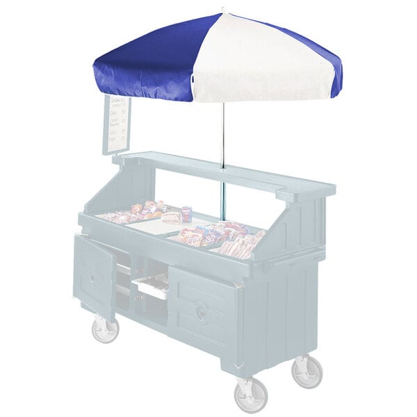 A blue and white umbrella for a Cambro vending cart.