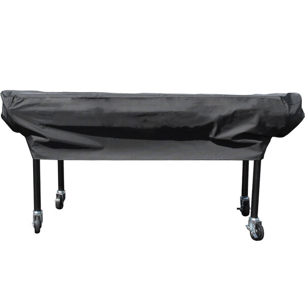 A black cover for a Crown Verity charcoal grill on wheels.