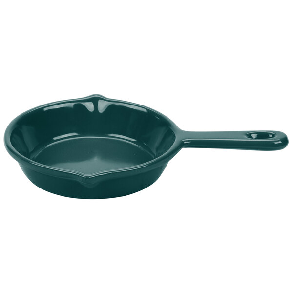 A Tablecraft hunter green cast aluminum fry pan with a handle.
