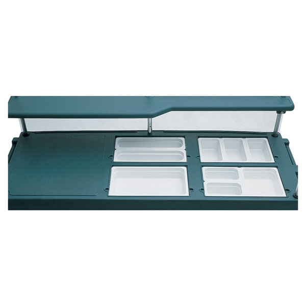 A blue counter with a white tray on top.