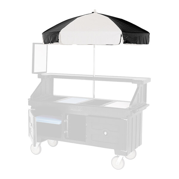 A black and white umbrella on a food cart.