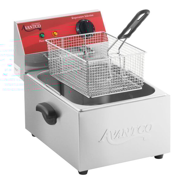 A stainless steel electric countertop fryer with a wire basket and temperature control knob.