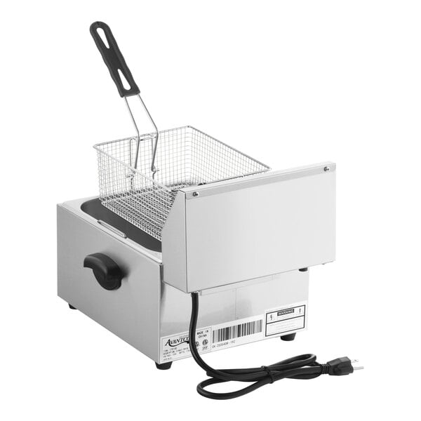 A stainless steel electric countertop fryer with a wire basket and power cord.