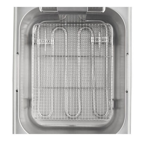 A stainless steel electric countertop fryer with a wire basket and heating element.