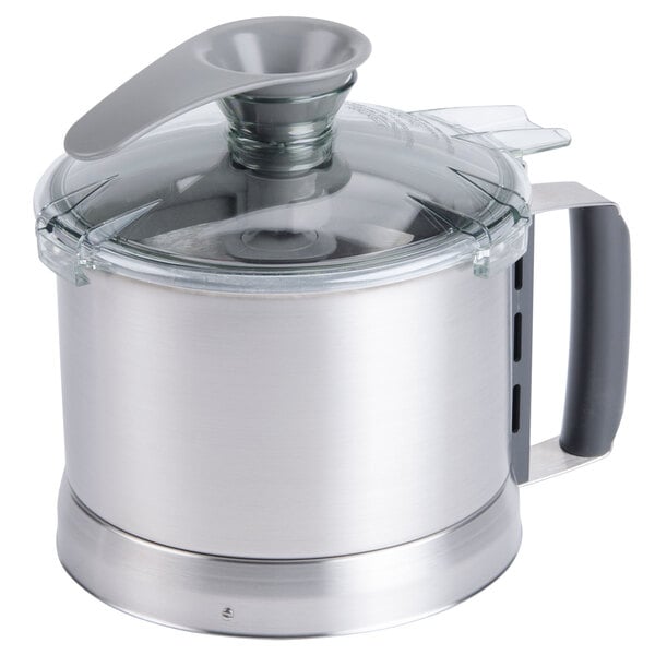 A silver stainless steel bowl assembly with a black lid.