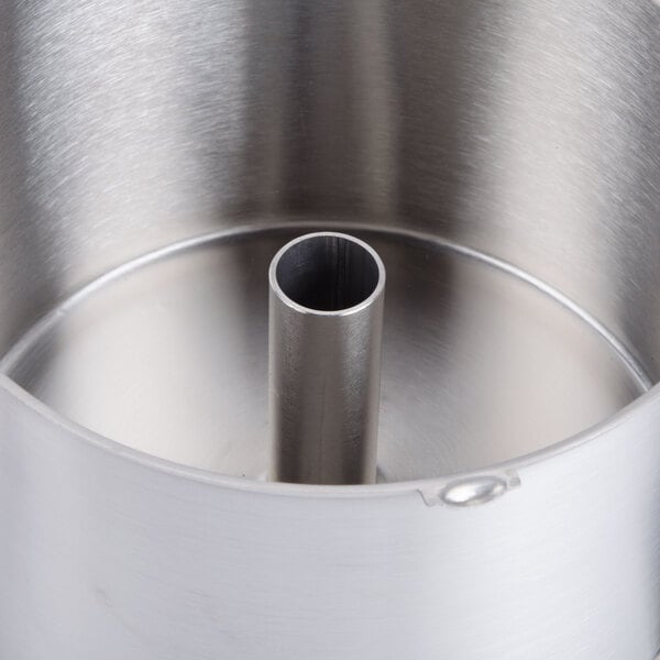 A Robot Coupe stainless steel bowl assembly with a metal tube handle.