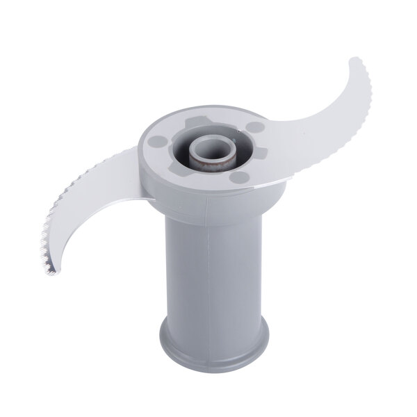 A Robot Coupe stainless steel bowl assembly with a blade inside.