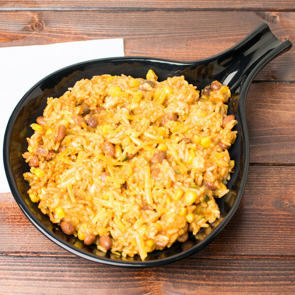 A black Tablecraft open handle skillet with rice and beans in it.