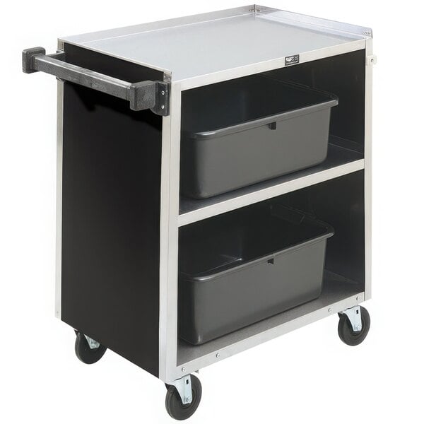 A Vollrath metal utility cart with two black shelves holding black plastic containers.
