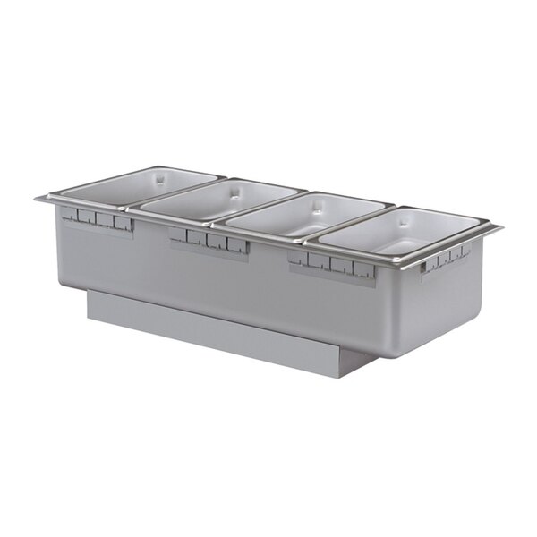 A Hatco rectangular drop-in hot food well with three compartments in stainless steel.