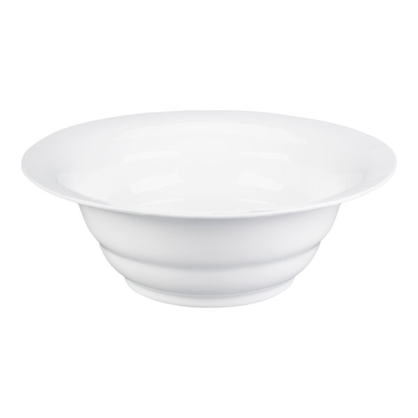 A white cast aluminum wide rim salad bowl with a 10 quart capacity.
