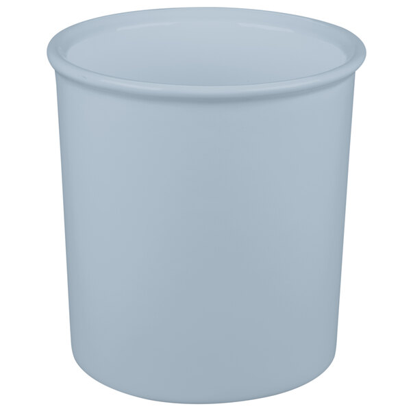 A gray cast aluminum bowl with a white interior and a handle.