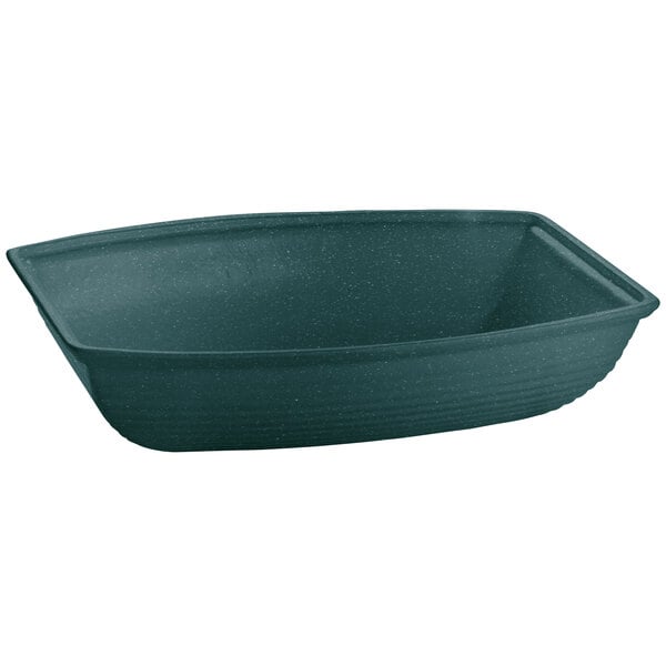 A Tablecraft hunter green and white speckled rectangular cast aluminum bowl.