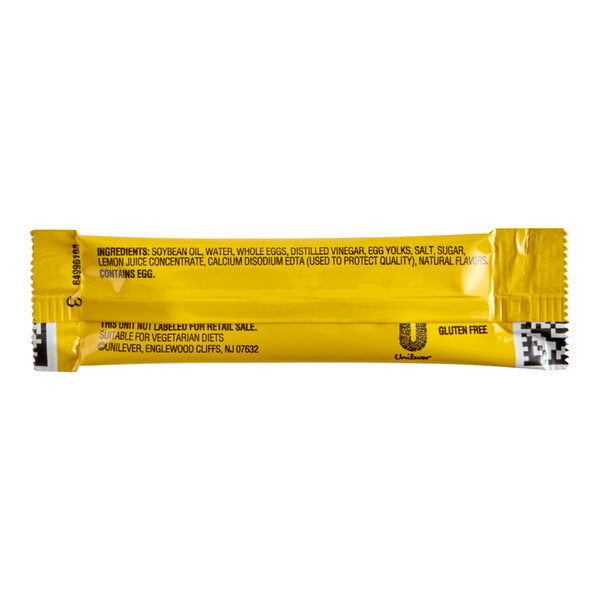 A yellow single-serve packet with black printed ingredients and product information, including a gluten-free label and vegetarian suitability.