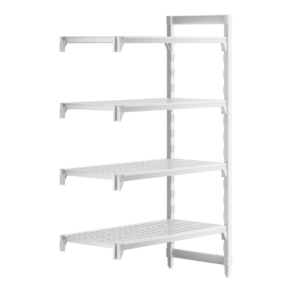 A white plastic Cambro Camshelving Premium add on unit with four shelves.