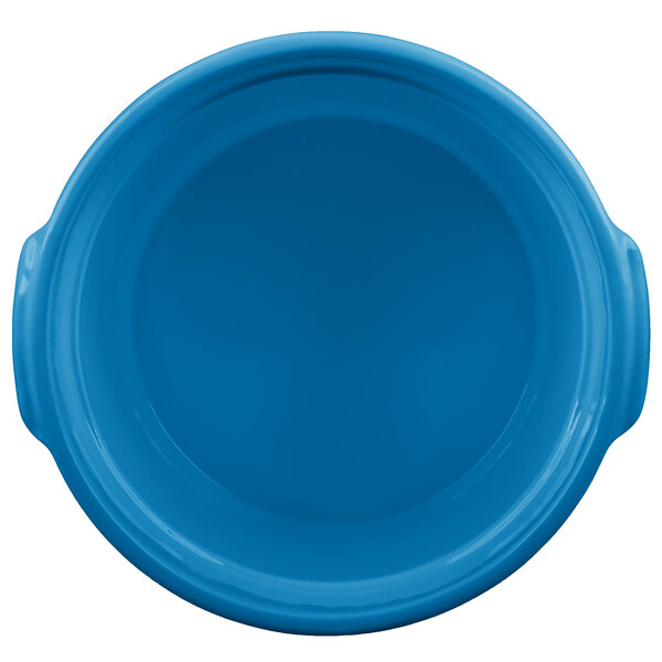 A sky blue Tablecraft bain marie soup bowl with handles.