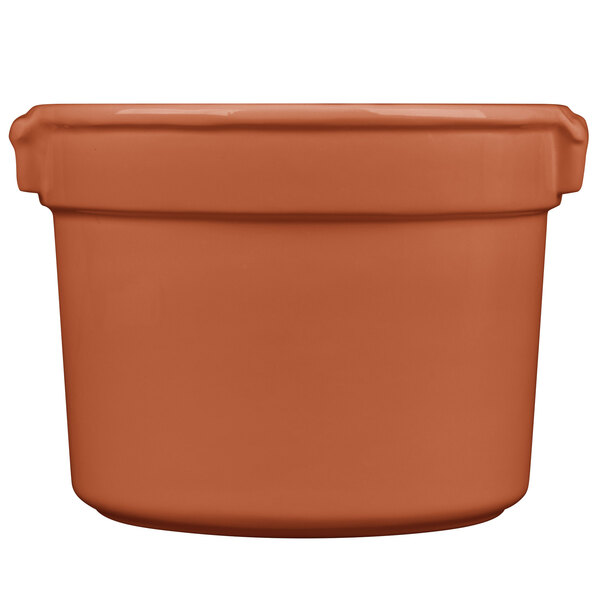 A Tablecraft copper cast aluminum bain marie soup bowl with a lid.