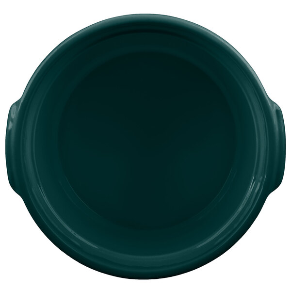 A Tablecraft hunter green cast aluminum bowl with a handle.