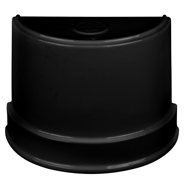 A black cast aluminum half soup bowl with a Tablecraft logo.