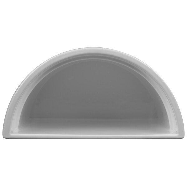 A natural cast aluminum Tablecraft half soup bowl with a curved edge on a white background.