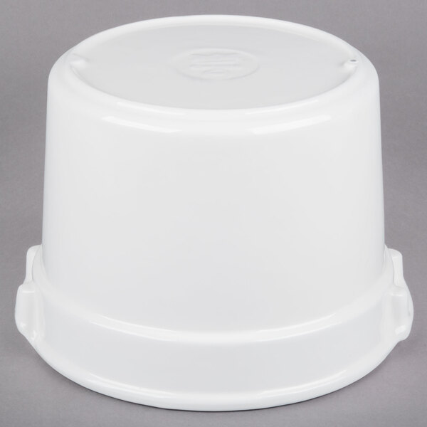 A white Tablecraft cast aluminum bain marie soup bowl with a lid.