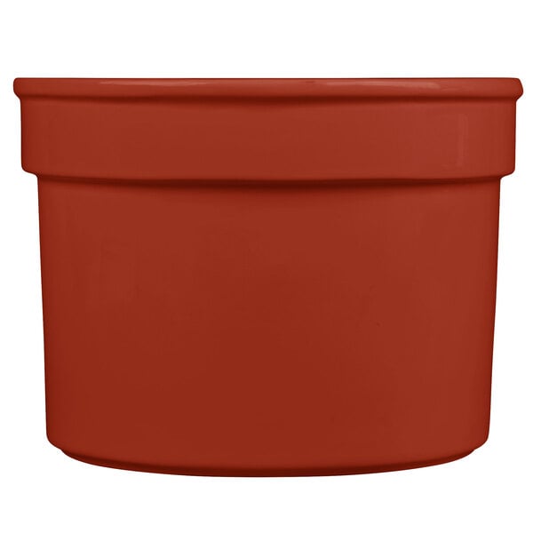 A red round container with a white background.