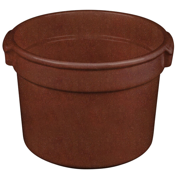 A brown cast aluminum pot with a handle.