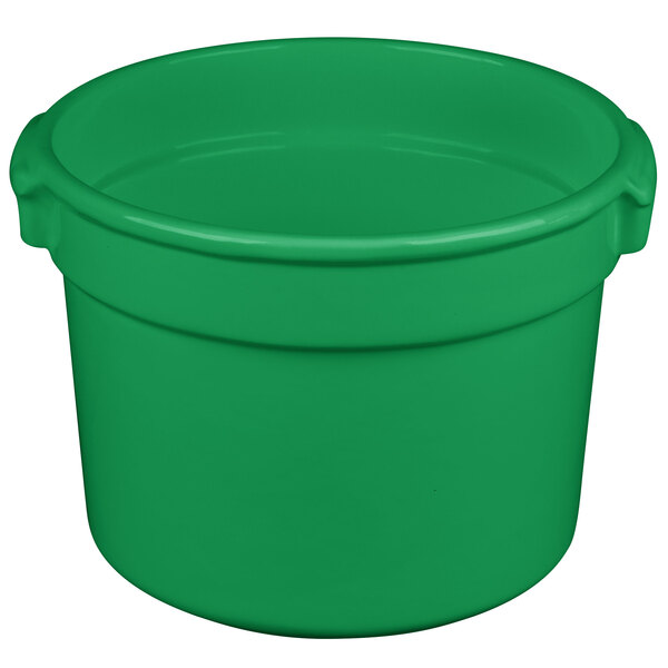 A green plastic bucket with a handle.