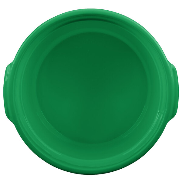 A green Tablecraft cast aluminum bain marie soup bowl with handles.