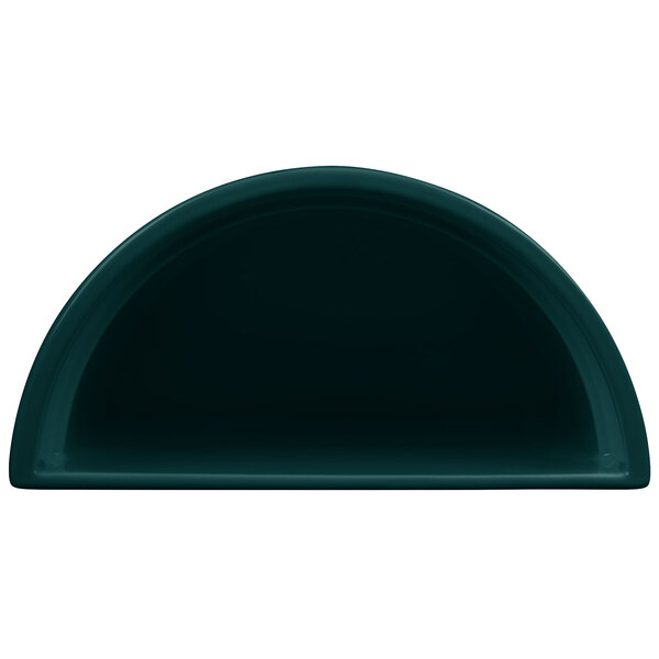 A hunter green half soup bowl with a white background.