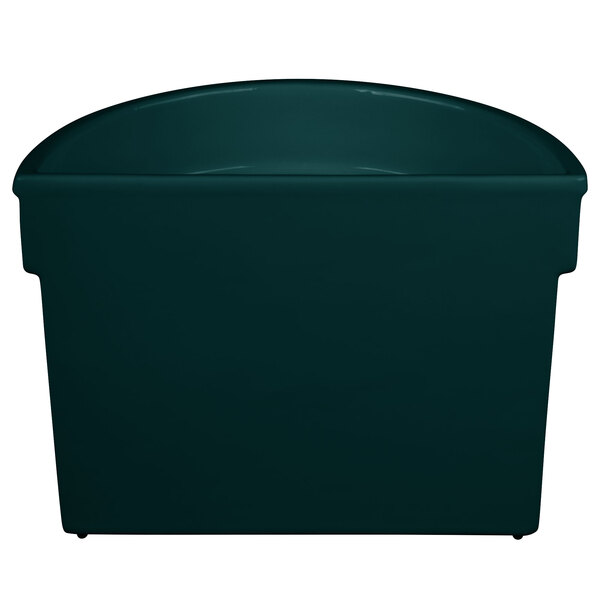 A Tablecraft hunter green cast aluminum half soup bowl with a curved top.