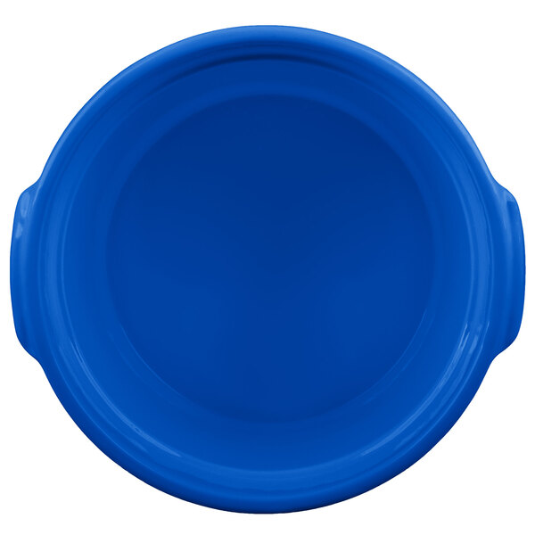A blue Tablecraft cast aluminum bowl with handles.