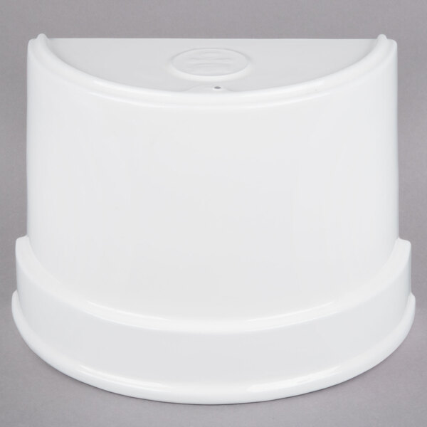 A white Tablecraft cast aluminum half soup bowl with a round top.