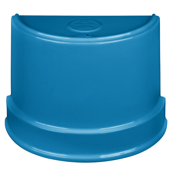 A sky blue cast aluminum Tablecraft half soup bowl.