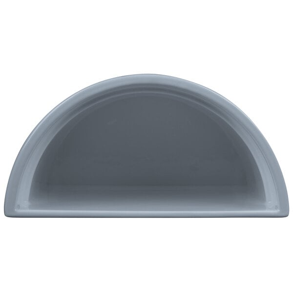 A gray Tablecraft cast aluminum half soup bowl with a curved edge.