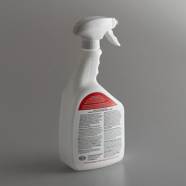 A white spray bottle with a red label.