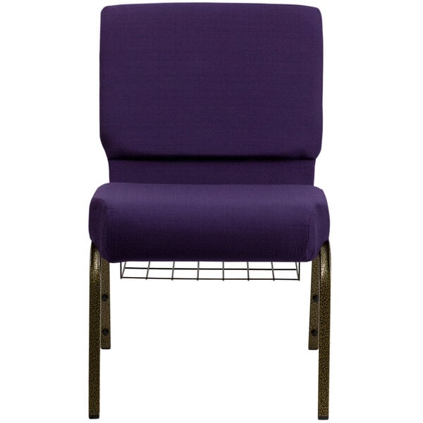 A Royal Purple Flash Furniture church chair with metal legs and a wire rack.