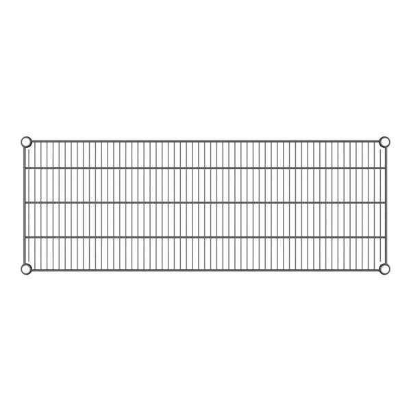 A rectangular metal wire shelf with black metal rods.