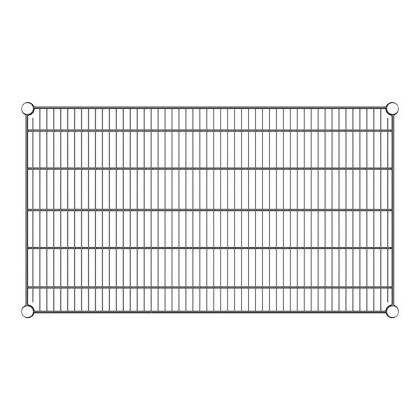 A black wire shelf with a grid pattern.
