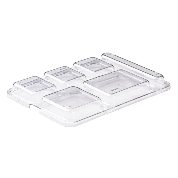 A clear plastic container lid for a Cambro serving tray with compartments.