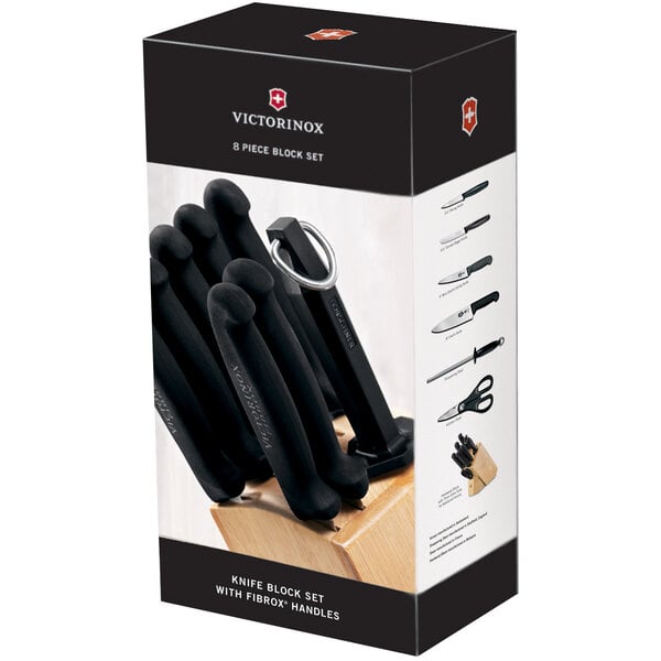 A box of Victorinox 8 piece knife block set with black handles.