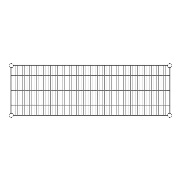 A rectangular metal wire shelf with round holes.