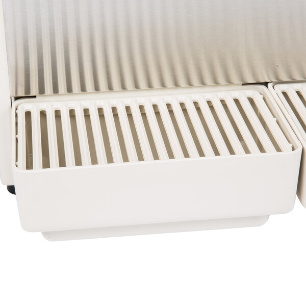 A white rectangular plastic drip tray for a Grindmaster Cecilware refrigerated beverage dispenser.