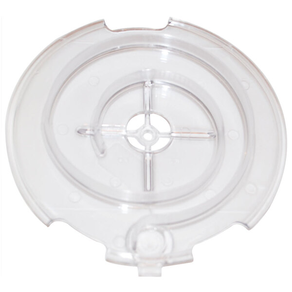 A clear plastic container with a circular hole.