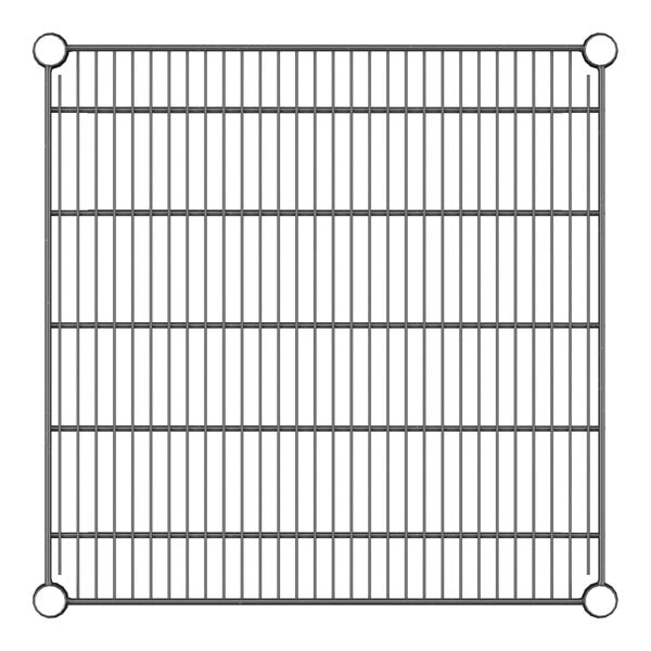 A close-up of a black Regency wire shelf grid.